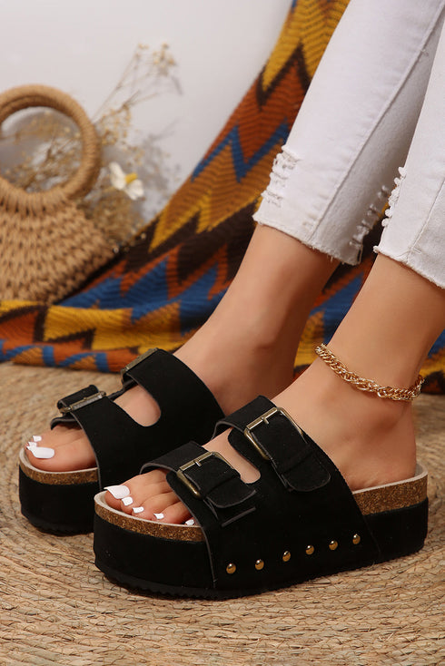 Suede Texture Wide Strap Buckle Decor Slide Slippers