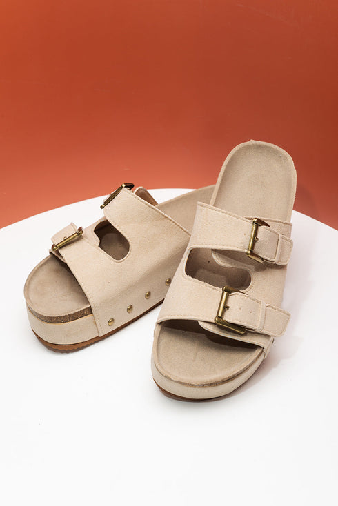 Suede Texture Wide Strap Buckle Decor Slide Slippers