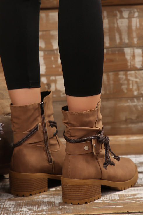 Suede Texture Woven Strap Lace Up Western Boots