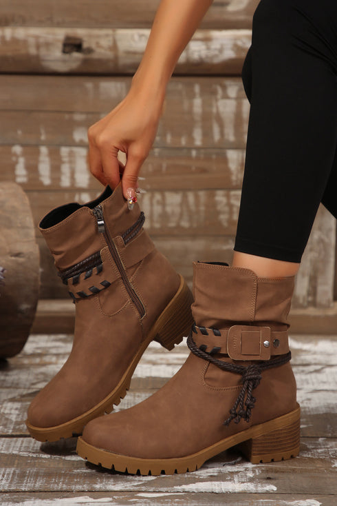 Suede Texture Woven Strap Lace Up Western Boots