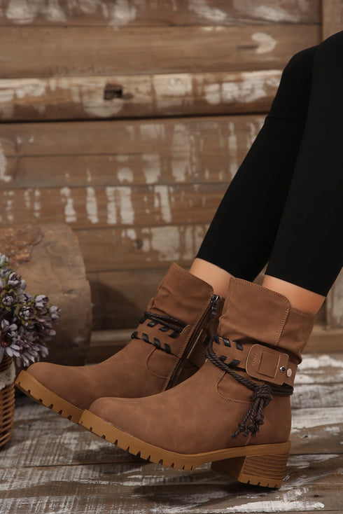 Suede Texture Woven Strap Lace Up Western Boots