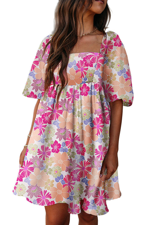 Summer Floral Square Neck Puff Sleeve Babydoll Dress