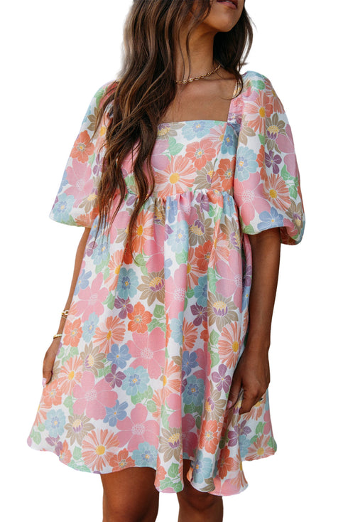 Summer Floral Square Neck Puff Sleeve Babydoll Dress