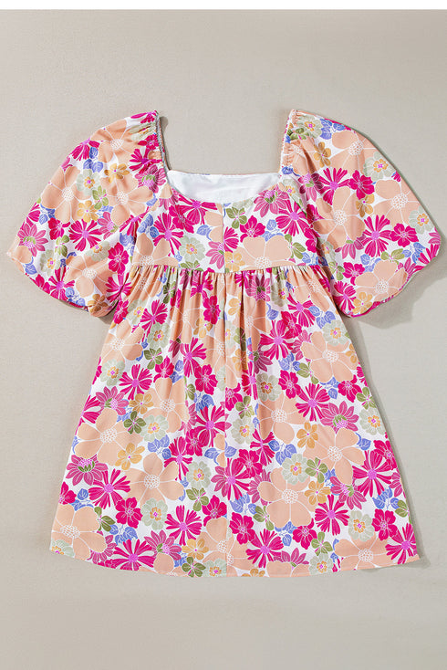 Summer Floral Square Neck Puff Sleeve Babydoll Dress