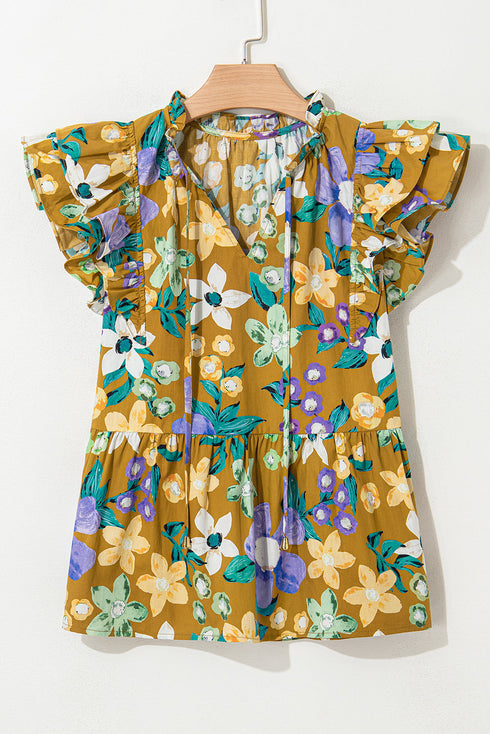 Summer Garden Floral Print Tiered Flutter Sleeve V Neck Top