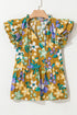 Summer Garden Floral Print Tiered Flutter Sleeve V Neck Top