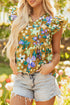 Summer Garden Floral Print Tiered Flutter Sleeve V Neck Top