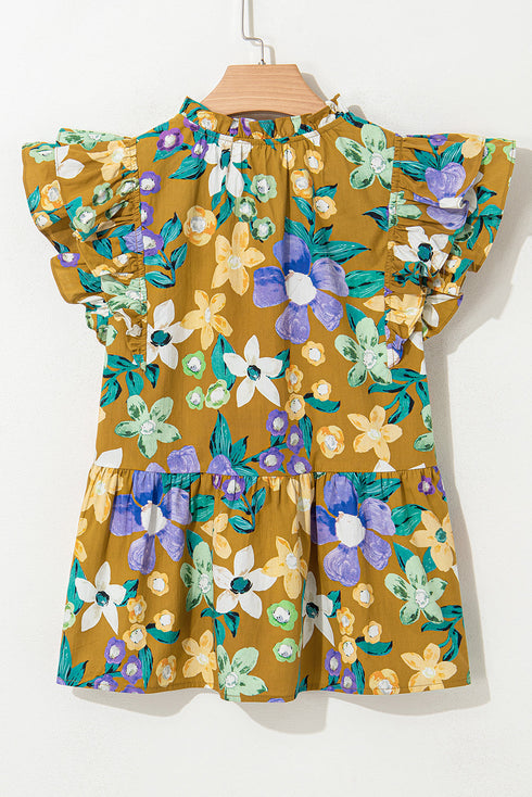 Summer Garden Floral Print Tiered Flutter Sleeve V Neck Top