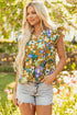 Summer Garden Floral Print Tiered Flutter Sleeve V Neck Top