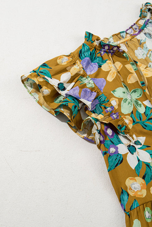 Summer Garden Floral Print Tiered Flutter Sleeve V Neck Top