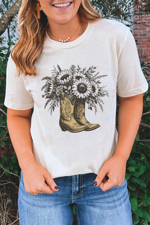 Sunflower Cowgirl Boots Graphic Short Sleeve Cotton Blend Tee