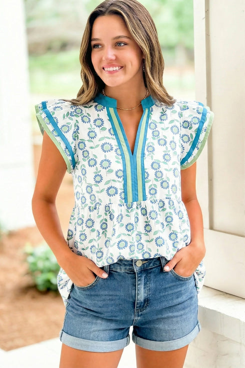 Sunflower Print Contrast Trim Flutter Sleeve Blouse