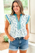 Sunflower Print Contrast Trim Flutter Sleeve Blouse