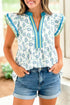 Sunflower Print Contrast Trim Flutter Sleeve Blouse