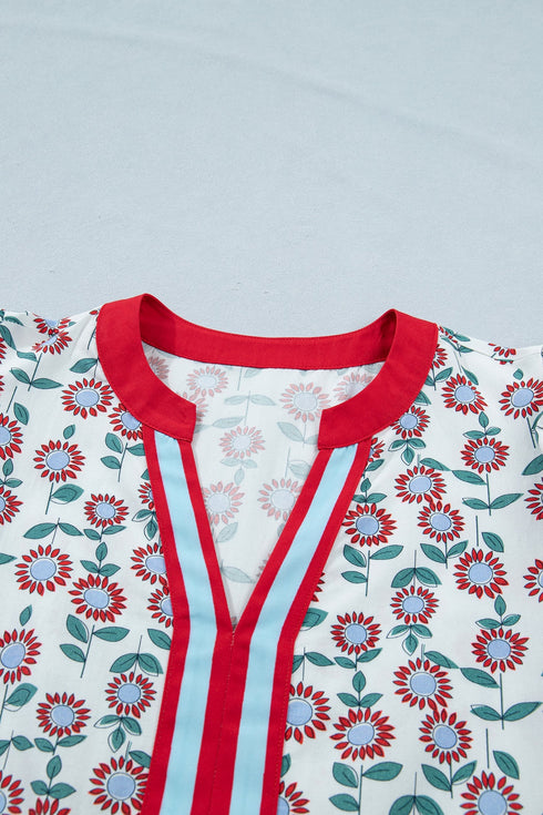 Sunflower Print Contrast Trim Flutter Sleeve Blouse