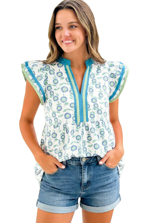 Sunflower Print Contrast Trim Flutter Sleeve Blouse