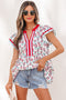 Sunflower Print Contrast Trim Flutter Sleeve Blouse