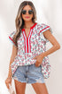 Sunflower Print Contrast Trim Flutter Sleeve Blouse