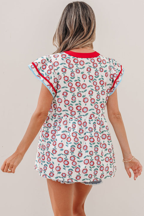 Sunflower Print Contrast Trim Flutter Sleeve Blouse