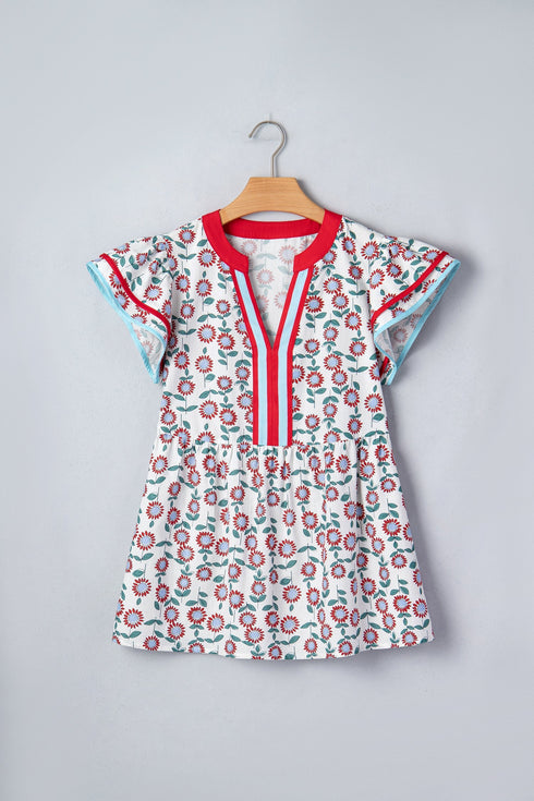 Sunflower Print Contrast Trim Flutter Sleeve Blouse