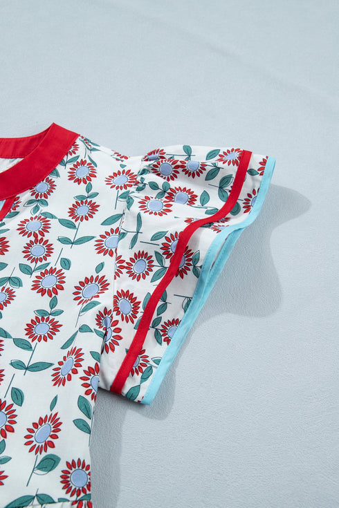 Sunflower Print Contrast Trim Flutter Sleeve Blouse
