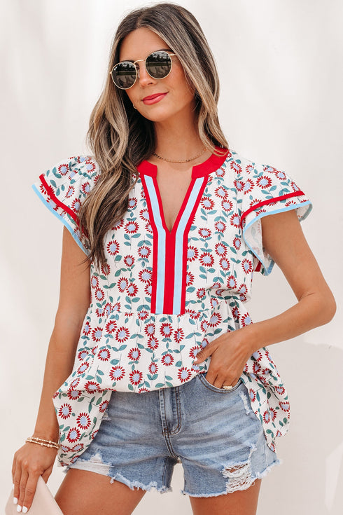 Sunflower Print Contrast Trim Flutter Sleeve Blouse