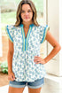 Sunflower Print Contrast Trim Flutter Sleeve Blouse