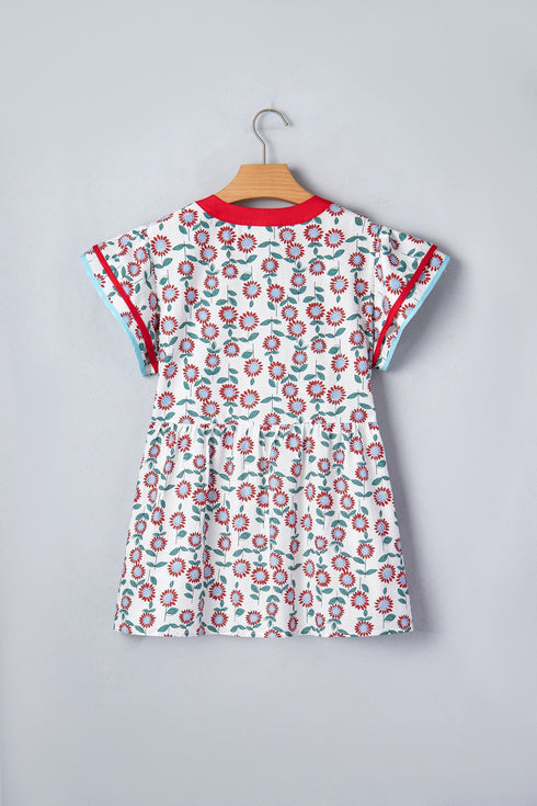 Sunflower Print Contrast Trim Flutter Sleeve Blouse