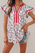 Sunflower Print Contrast Trim Flutter Sleeve Blouse