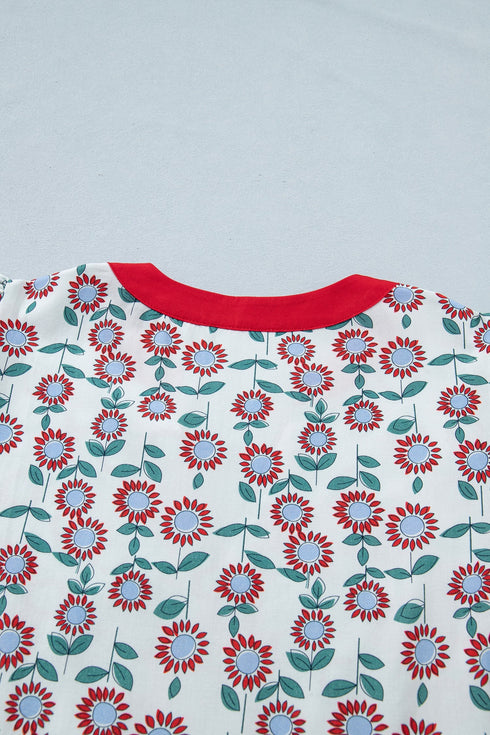 Sunflower Print Contrast Trim Flutter Sleeve Blouse