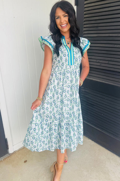 Sunflower Print Striped Patchwork Trim Flutter Sleeve Long Dress