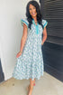 Sunflower Print Striped Patchwork Trim Flutter Sleeve Long Dress