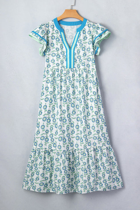 Sunflower Print Striped Patchwork Trim Flutter Sleeve Long Dress