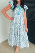 Sunflower Print Striped Patchwork Trim Flutter Sleeve Long Dress