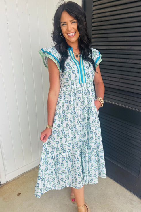 Sunflower Print Striped Patchwork Trim Flutter Sleeve Long Dress