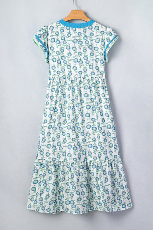 Sunflower Print Striped Patchwork Trim Flutter Sleeve Long Dress