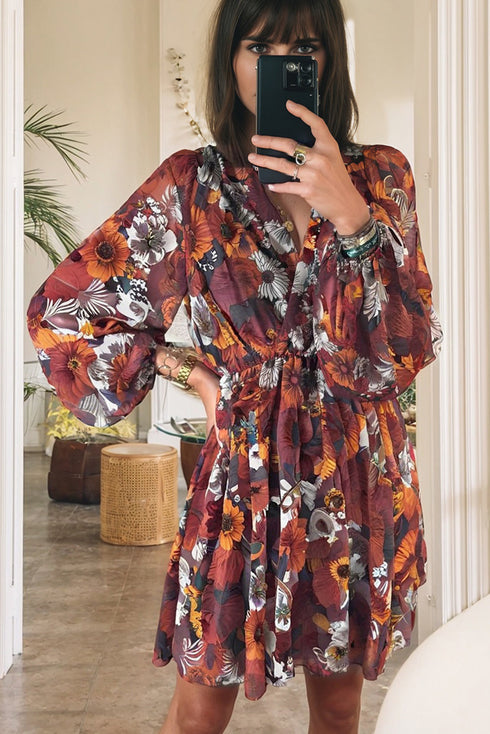 Surplice Floral Puff Sleeve Belted Mini Dress