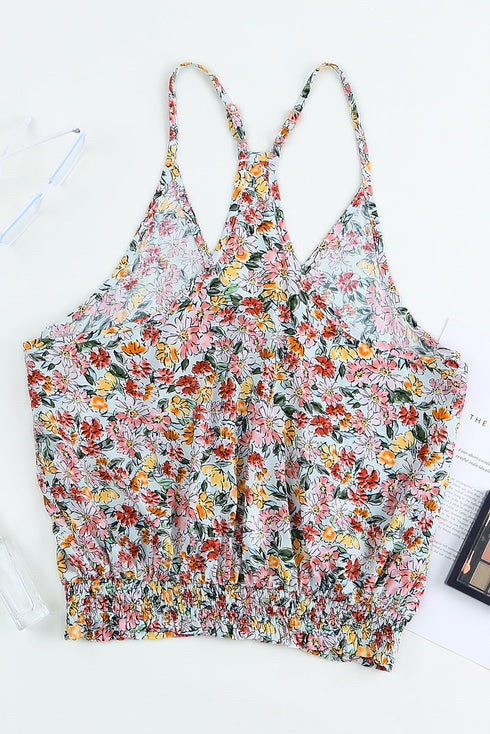 Surplice V Neck Floral Print Woven Halter Top