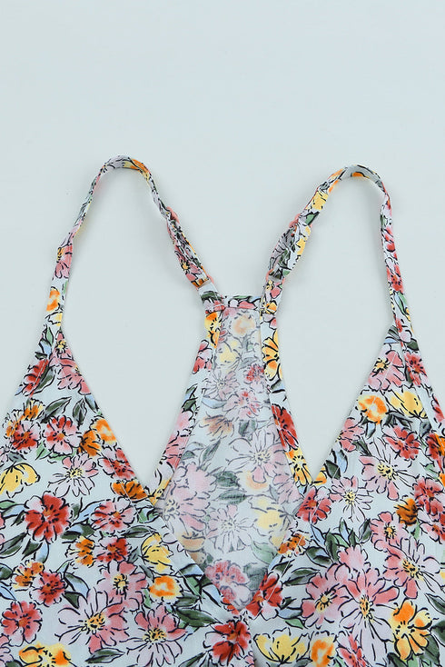 Surplice V Neck Floral Print Woven Halter Top