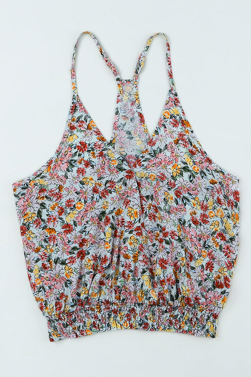 Surplice V Neck Floral Print Woven Halter Top