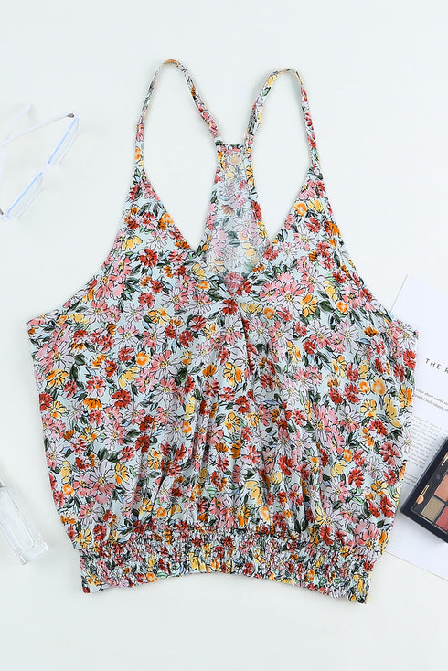 Surplice V Neck Floral Print Woven Halter Top