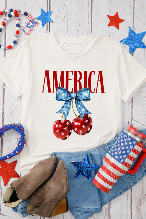 Sweet America Bow Cherry Graphic Patriotic Celebration Tee Shirt