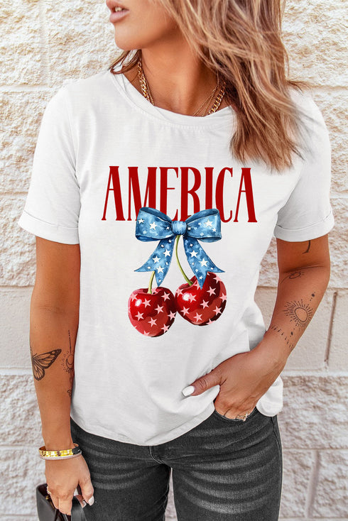 Sweet America Bow Cherry Graphic Patriotic Celebration Tee Shirt