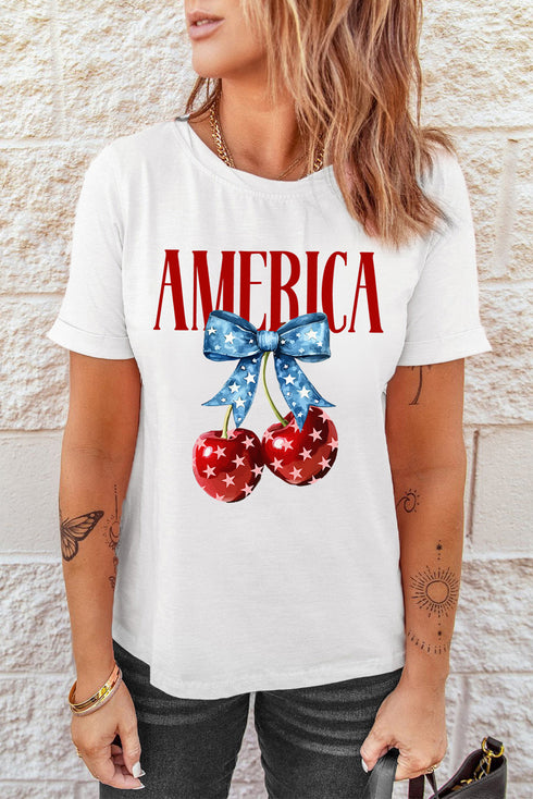 Sweet America Bow Cherry Graphic Patriotic Celebration Tee Shirt