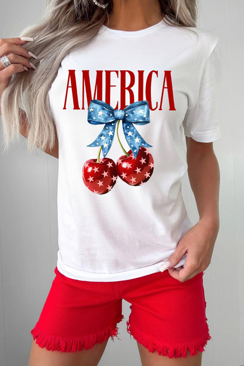 Sweet America Bow Cherry Graphic Patriotic Celebration Tee Shirt