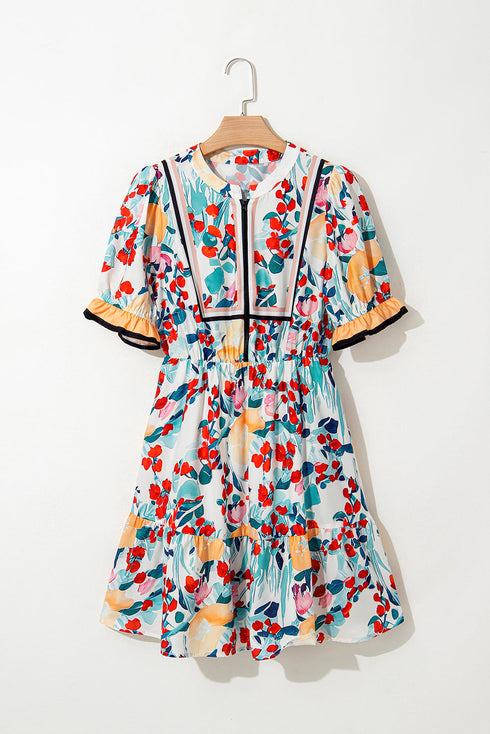 Sweet Blossom Ruffle Sleeve High Waist Flared A Line Mini Dress