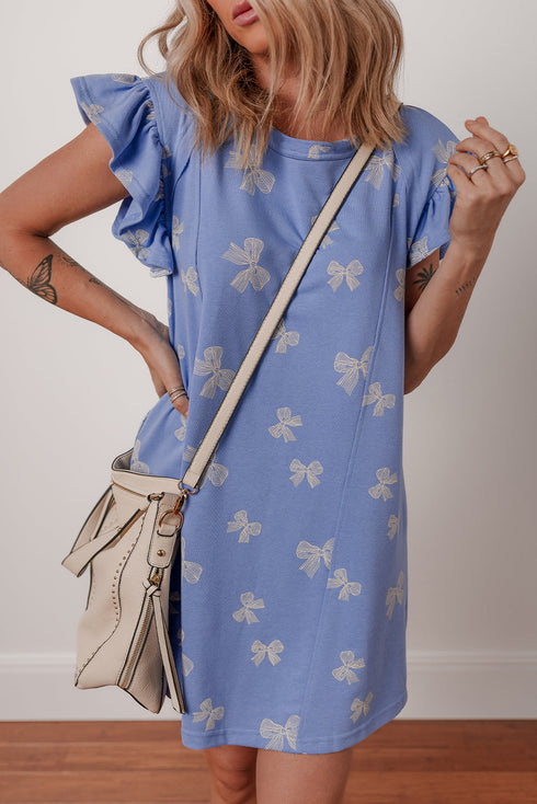 Sweet Bow Print Ruffle Sleeve Crewneck T-Shirt Mini Dress