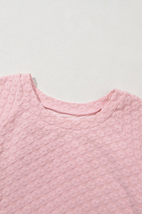 Sweet Daisy Jacquard Textured Knit Short Sleeve Top And Matching Shorts Set