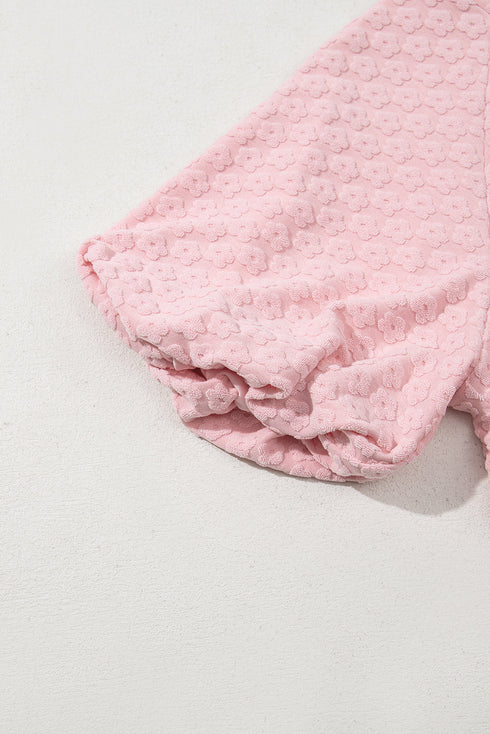 Sweet Daisy Jacquard Textured Knit Short Sleeve Top And Matching Shorts Set