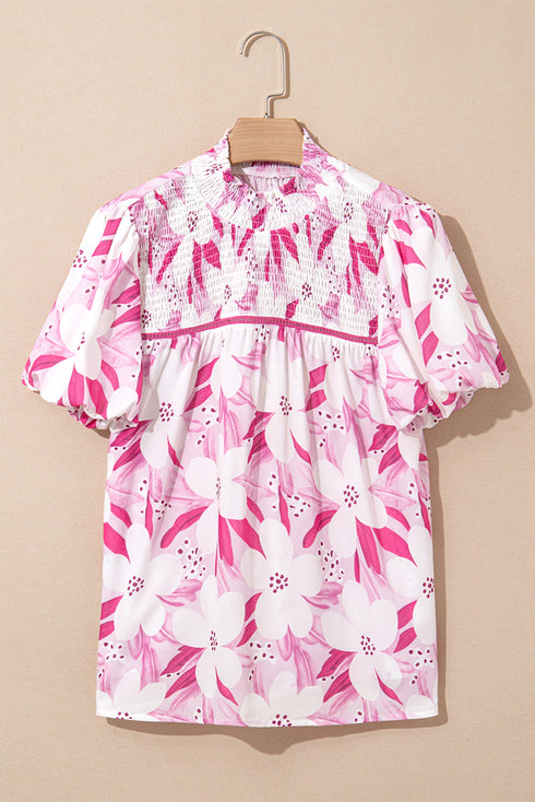 Sweet Floral Garden Smocked Frill Detail Puff Sleeve Blouse